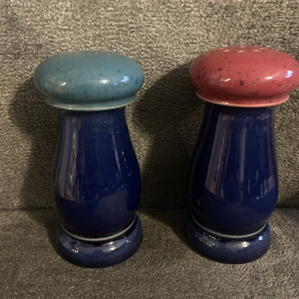 DENBY England Stoneware Red Green Blue Speckled Harlequin Salt Pepper Shaker Set